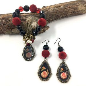 Reworked Betsey Johnson Teardrop Black Rose Crystal Red Velvet Bracelet Earrings